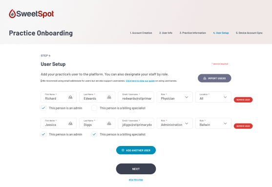 SweetSpot’s user setup during onboarding with options to assign roles to new users.